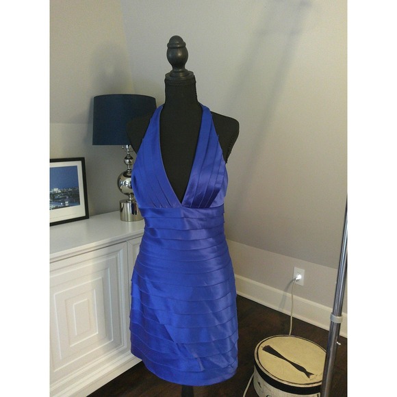 BCBGMaxAzria Dresses & Skirts - BCBGMAXAZRIA Cocktail‎ Dress Womens 8 Blue Good Satin Tiered Halter Mini